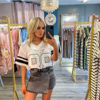 grey denim skort