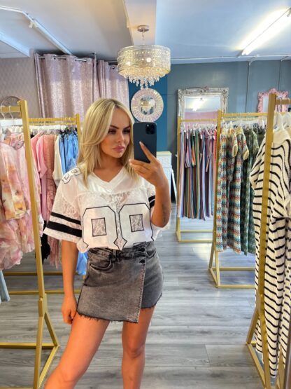 grey denim skort