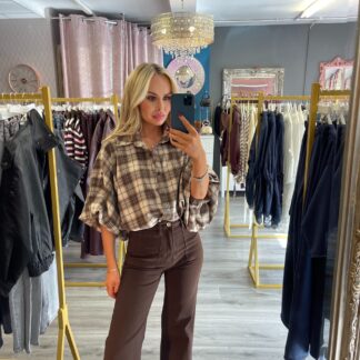 Brown Checked Puff sleeved shirt